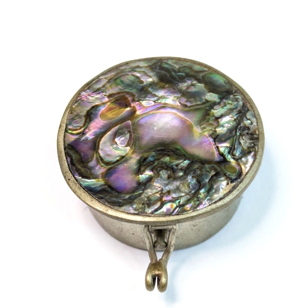 Vintage Mexican Alpaca Silver Pill Box Abalone Shell Inlay Round Trinket Box